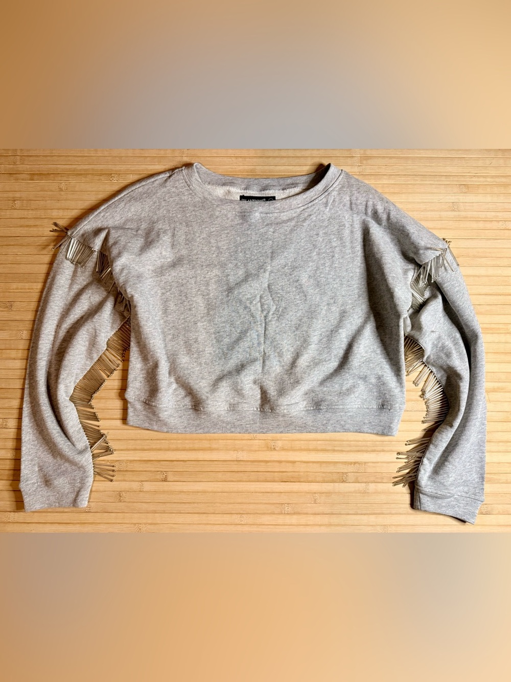 BLANKNYC "No Joke" Gray Metal Fringe Cropped Sweatshirt Size XS NEVER WORN